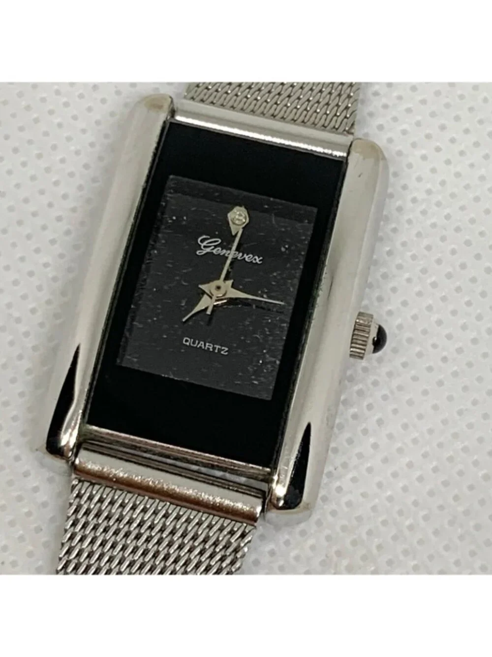 Vintage Genevex women’s watch silver tone black dial 21mm mesh band  running